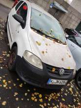 Auto steht seit sehr langer Zeit dort, ein Reifen platt, innen voller Müll.