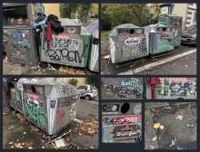 Mehrere Ansichten des Standorts zeigen die stark verschmutzten und besprühten Container, unlesbare Beschriftungen, herumliegende Kleidung sowie Glassplitter auf dem Boden.