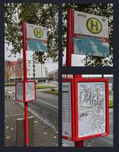 Mehrere Aufnahmen der Haltestelle „Lokomotivstraße“ (Linie 147 Richtung Am Bilderstöckchen) zeigen aus verschiedenen Perspektiven stark besprühte Schilder und Fahrpläne, deren Beschriftungen kaum noch lesbar sind.