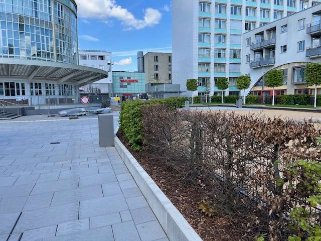 Rechts: Blick auf den verschlossenen Spielplatz; im Vordergrund und Hintergrund verdorte Buchenheckensegmente. Links: Versperrter Durchgang, dahinter Baustofflager.  Bild zu gemeldetem Anliegen vom *2024-04-23 09:54:02