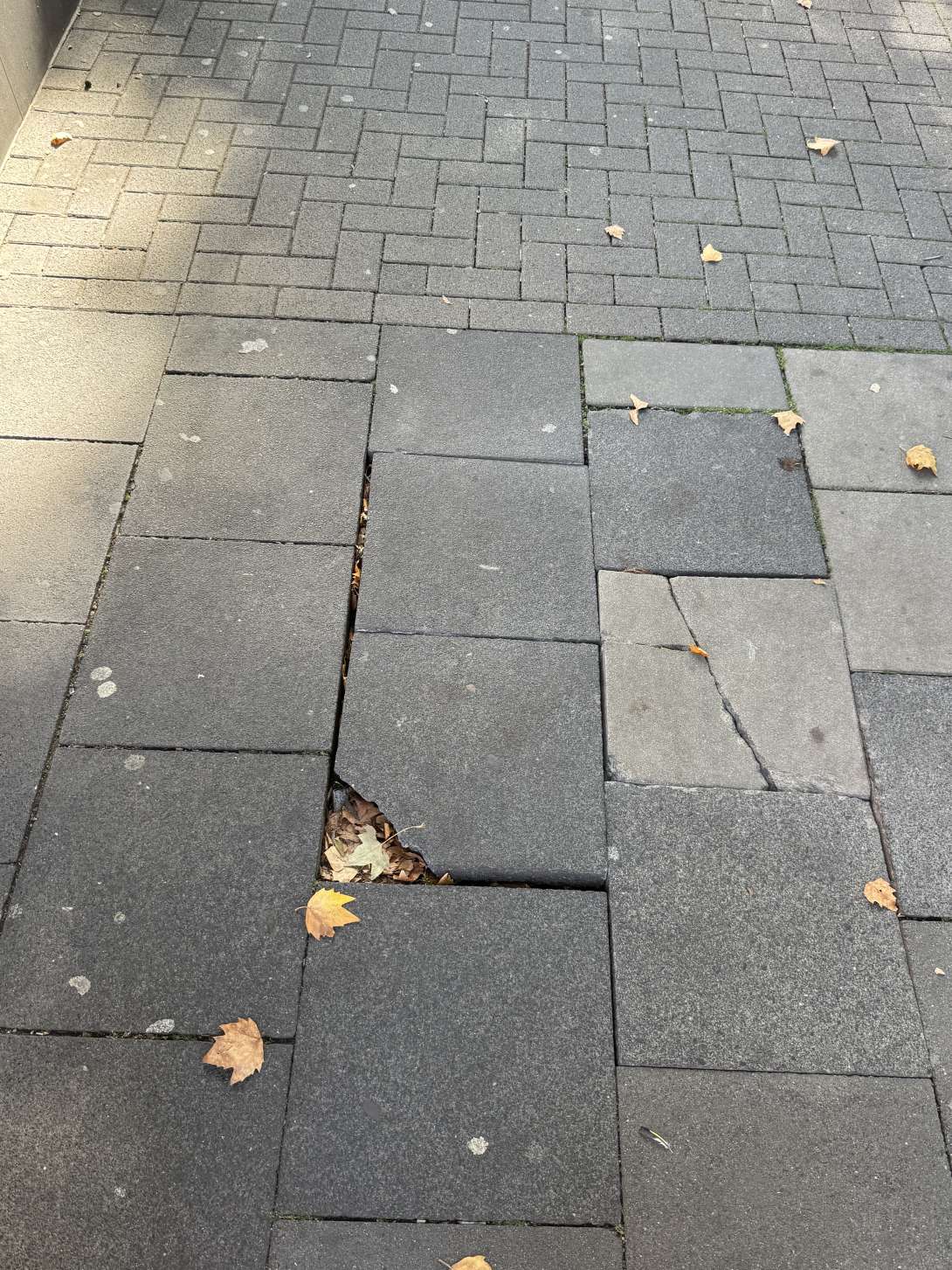 Defekte Oberfläche des Bürgersteigs Ecke Moselstraße/Kyffhäuserstraße