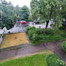Im Sandkasten wachsen Dieseln, Grad und anderes Gewächs. Und Durchgang zum Parkplatz ist voll Diestel. Und rechts Urwald.