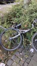 Schrottfahrrad im Grünstreifen vor dem Haus