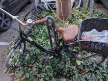 schwarzes Damenrad, kaputter Sattel, rostig, mit Platten