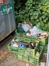 Wilder Müll zwischen Glascontainern im geschützten Landschaftsbereich.