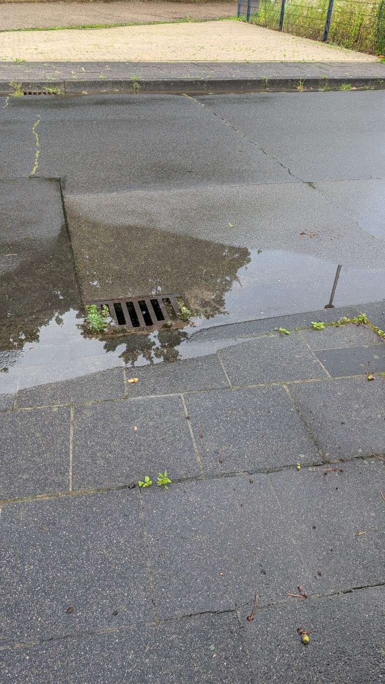 Regenwasser steht über dem Gulli und läuft nicht ab
