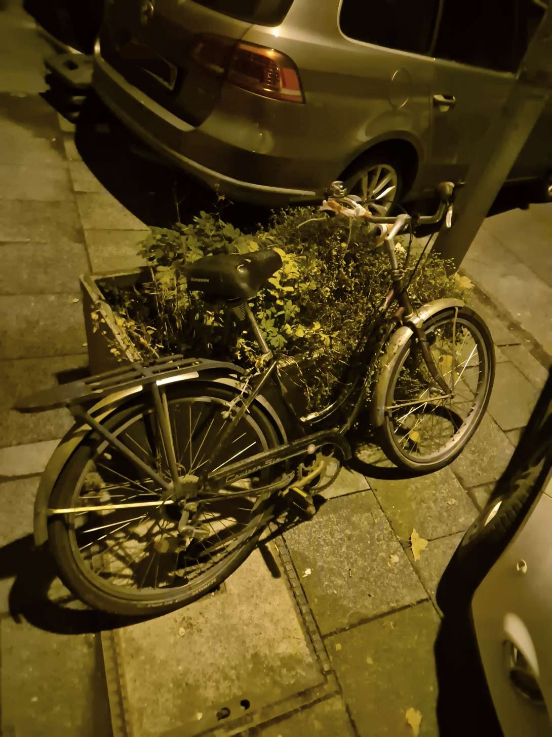 Schrottfahrrad; steht bereits mehrere Wochen; defekte Reifen; verwahrloster Zustand